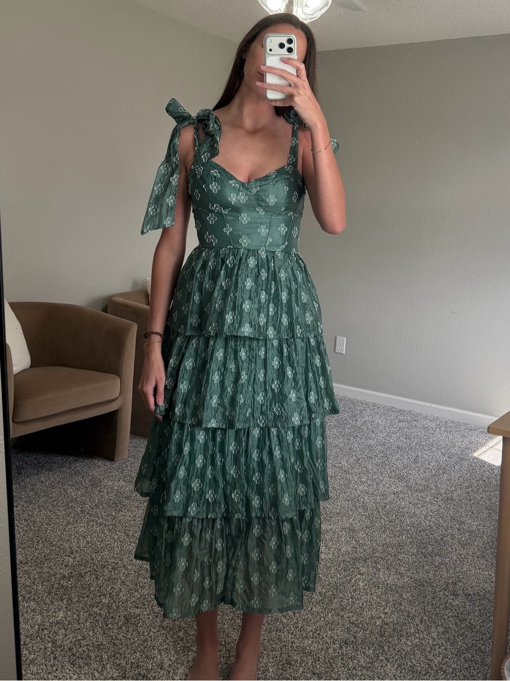 Lulu's Green Floral Tiered Midi Dress with Tie Straps